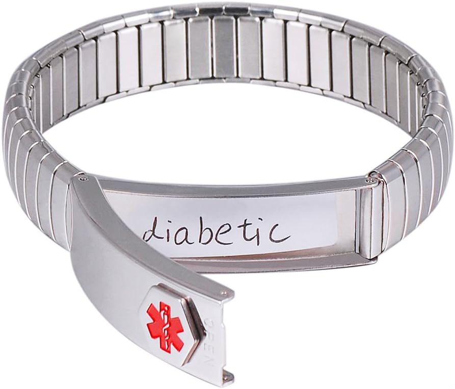 Medical Alert Bracelet for Men Womens Ladies ID Bangle Elastic Stainless Steel Personalised (Put Details in Lift up Section, Customized Medical Card+Strips Free)