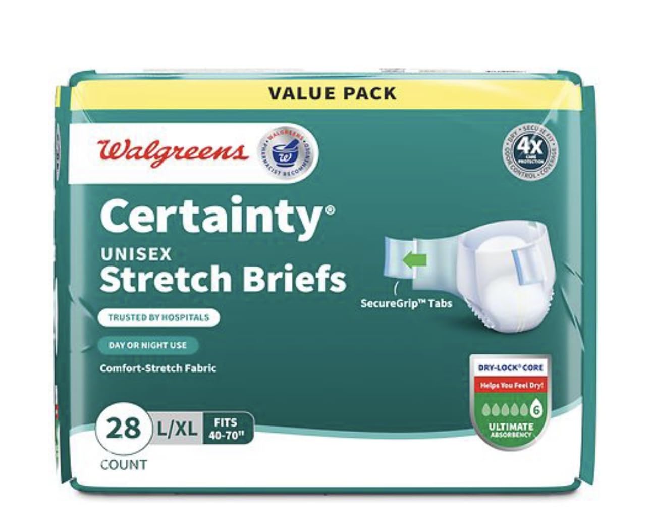 Certainty Unisex Stretch Briefs, L/XL 40-70 inch, Ultimate Absorbency, 28 Count Value Pack (Pack of 2) Total of 56 Count