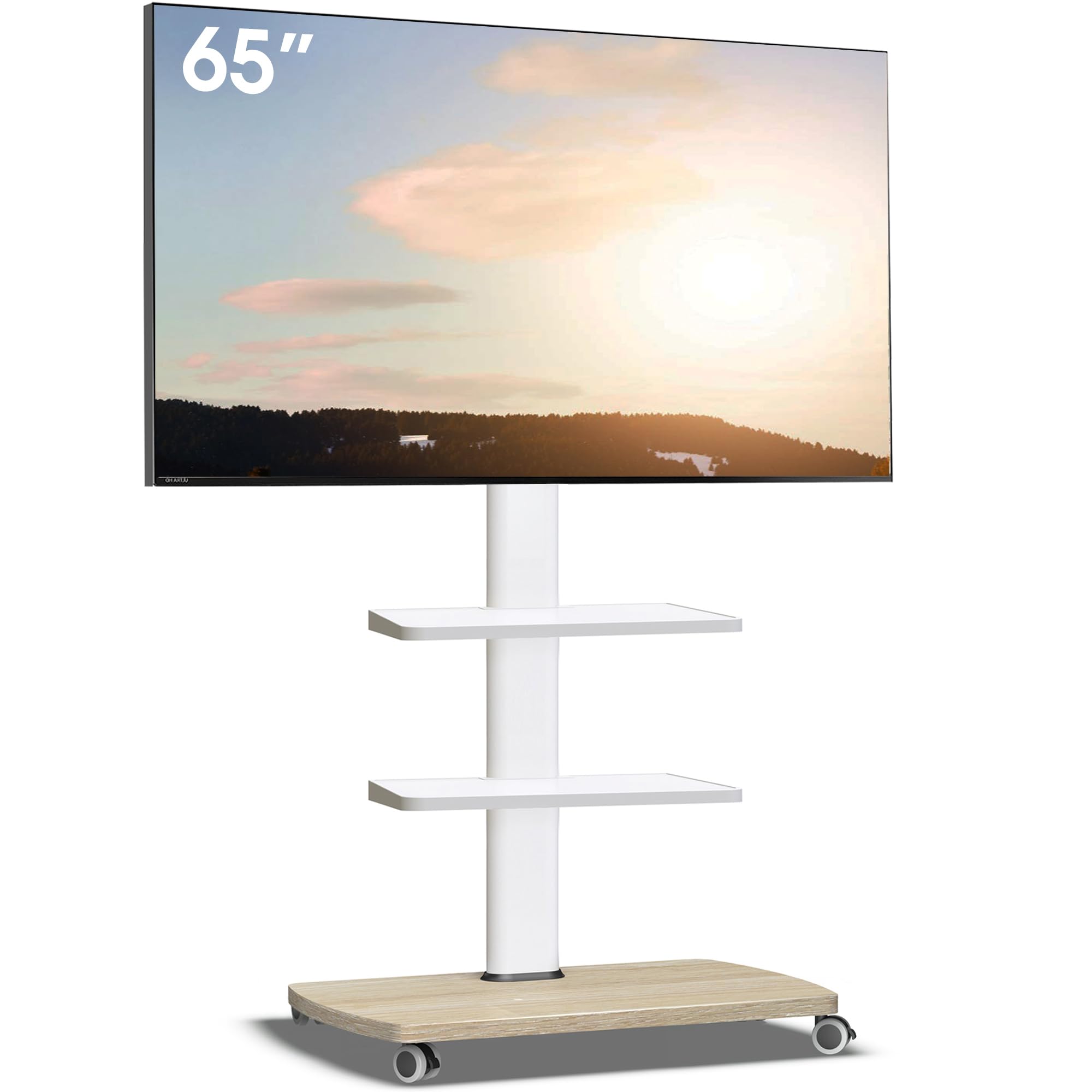 AOKCOS TV Ständer Rollbar mit Holzablage 2 Regal, Fernsehständer auf Rollen für 32-65 Zoll TV, TV Bodenständer Höhenverstellbar Drehbar, bis 40 kg Max. VESA 400x400mm (Weiß+Natur)