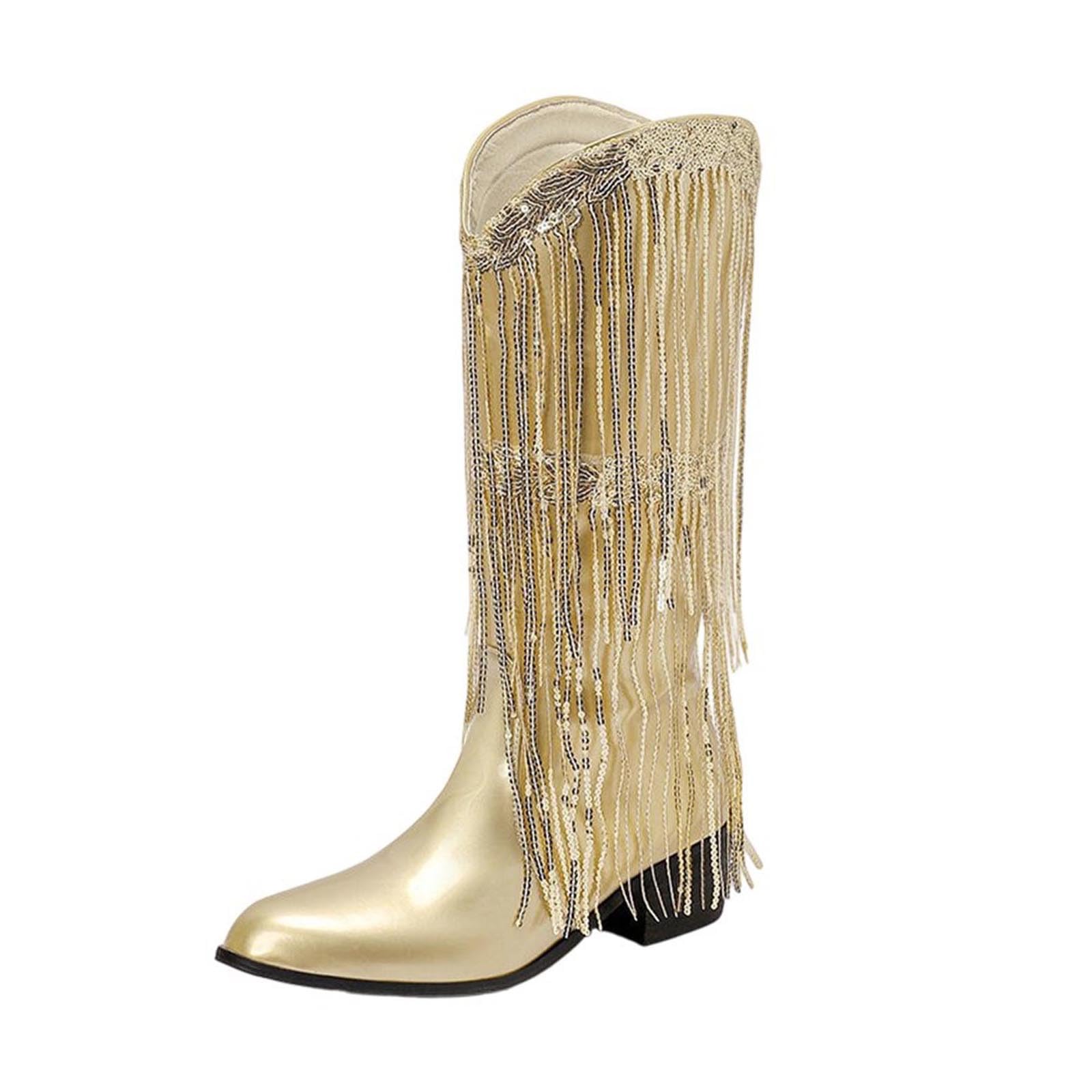 Women Rhinestone Tassel Boots Sparkly Glitter Fashion Cowboy Boot Fall Winter Point Toe Western Riding Knee High Boot