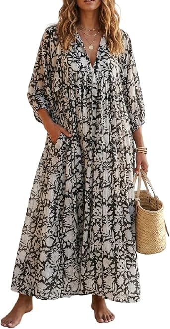 Women Boho Floral Maxi Dress Puff Sleeve V Neck Long Dress Bohemian Flowy Tiered Dress Loose Fit Shirt Dress