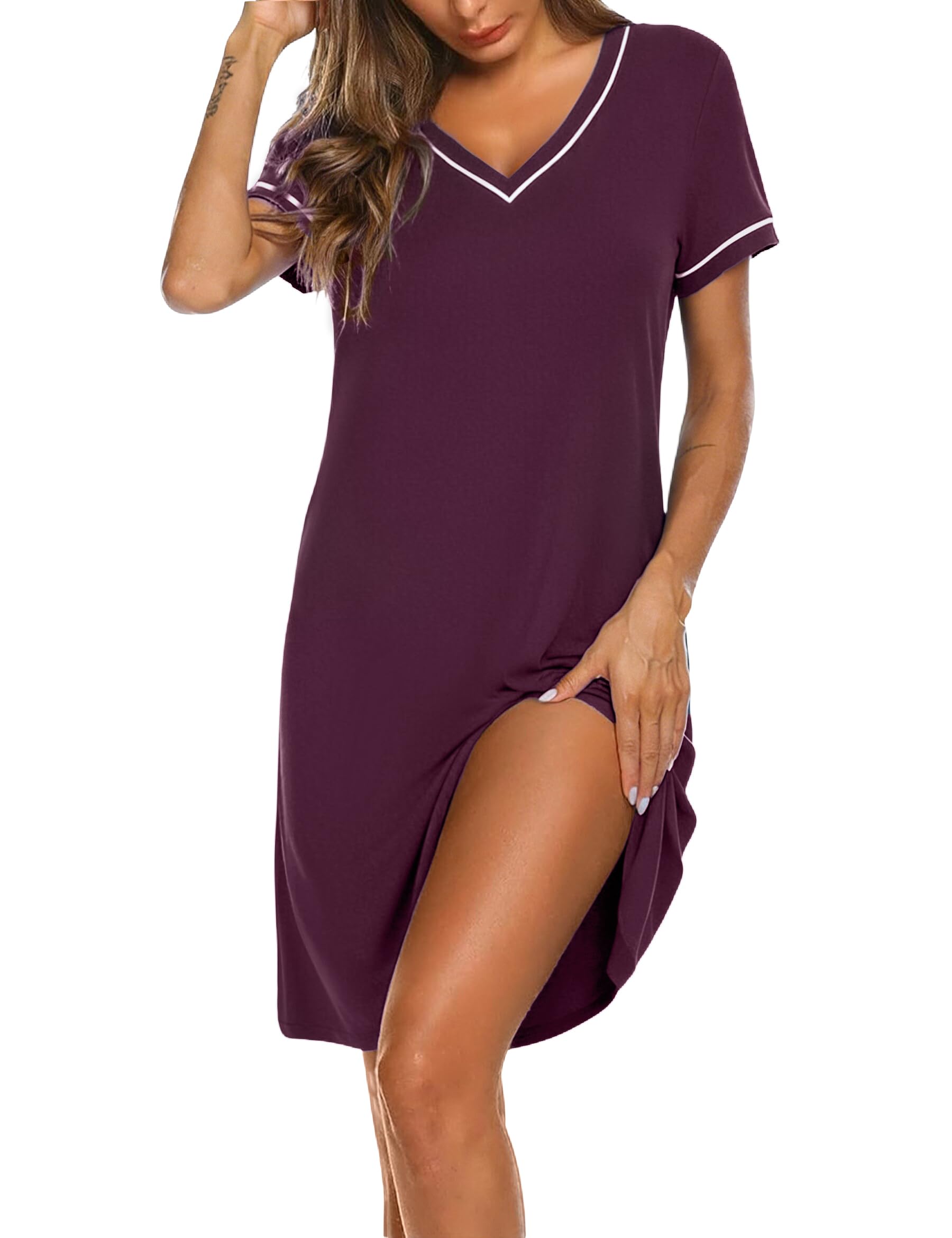 Marvmys Nachthemd Damen Kurzarm Sommer Nachtkleid Leichtes Atmungsaktives Sleepshirt mit V-Ausschnitt Schlafhemd Bequeme Loungewear Hauskleid Große Größen S-3XL