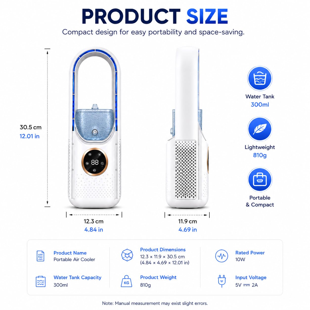 Przenośny klimatyzator, chłodziarka wyparna, osobisty mini wentylator USB z 6 prędkościami, timer 6H i zbiornik 300 ml, cicha, bezłopatkowa chłodnica powietrza na biurko, do domu, biura, sypialni