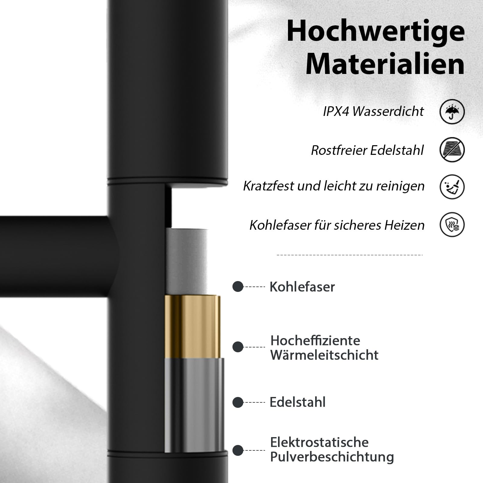 Handtuchheizkörper, Badheizkörper Elektrisch, Bad Handtuchtrockner Elektrisch, 850×520 Mm, 180° Drehbare Stange, Thermostat, Heizstab 250W, Handtuchhalter, Bad Heizkörper. (Schwarz)