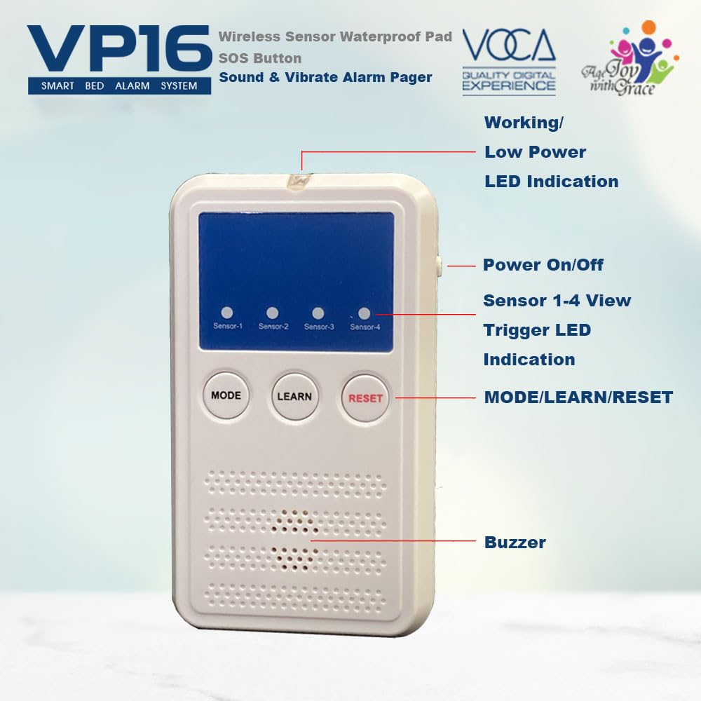 Sistema de alarma de cama VOCA Smart Early Alert con almohadilla para silla de ruedas para adultos mayores: sensor inalámbrico y buscapersonas, alarmas de cama, prevención de caídas
