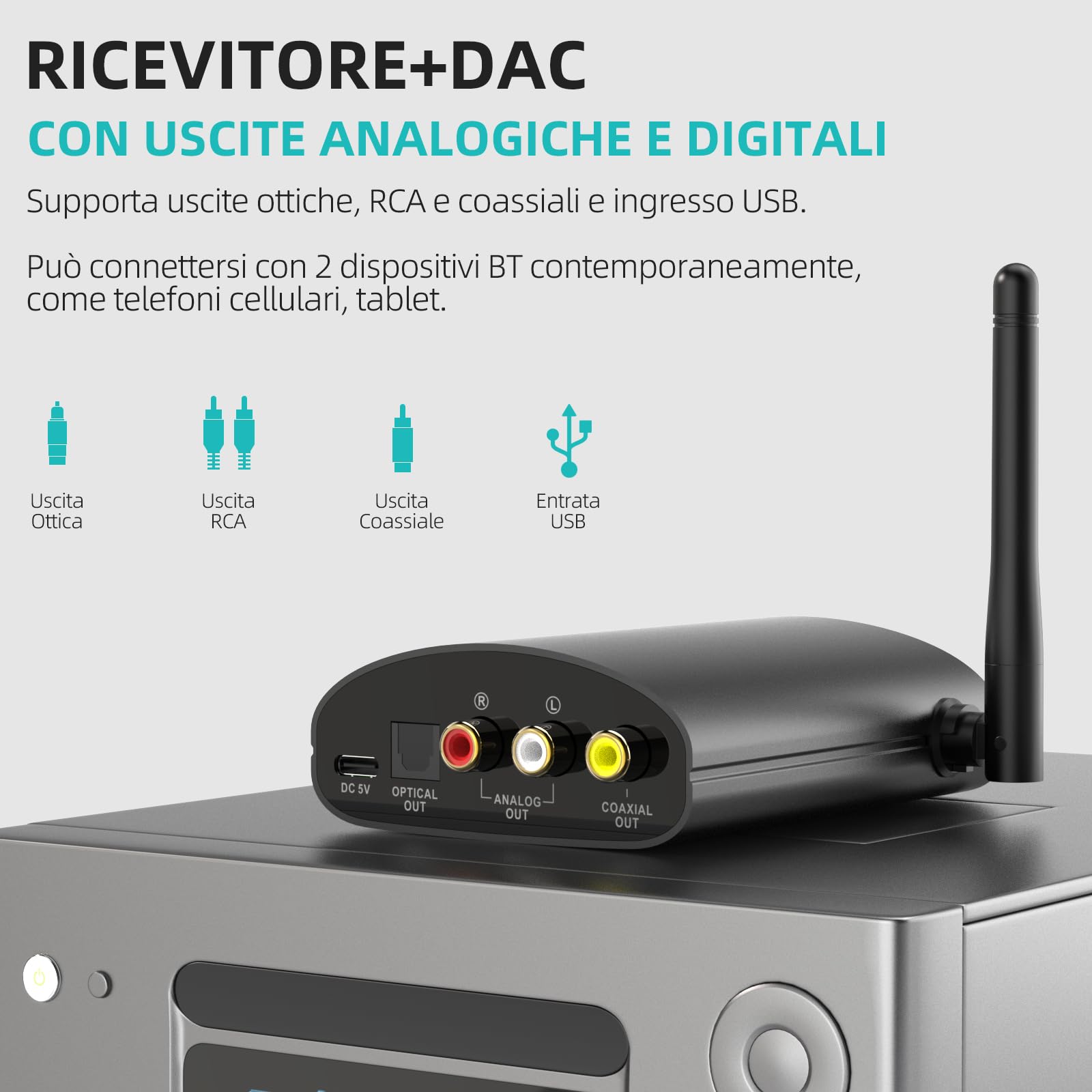 1Mii Ricevitore Bluetooth HiFi LDAC, Adattatore Audio Bluetooth 5.3 con DAC Audiofilo, aptX HD e Bassa Latenza, con Uscita RCA/Ottica/Coassiale, Display OLED per Stereo, Amplificafore-DS500