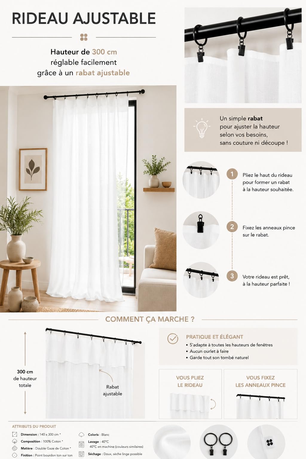 Rideau Ajustable Double Gaze de Coton 140 x 300 cm avec 8 Anneaux Pince GAÏ | Grande hauteur ajustable facilement par rabat