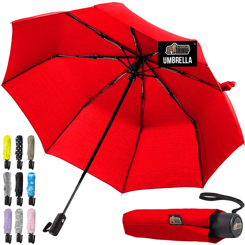 Gorilla Grip Compact Travel Umbrella for Rain, Windproof Reinforced Ribs, Teflon Coated, Portable, One-Click Automatic Open and Close, Collapsible and Lightweight Small Umbrella, 42 Inch, Red