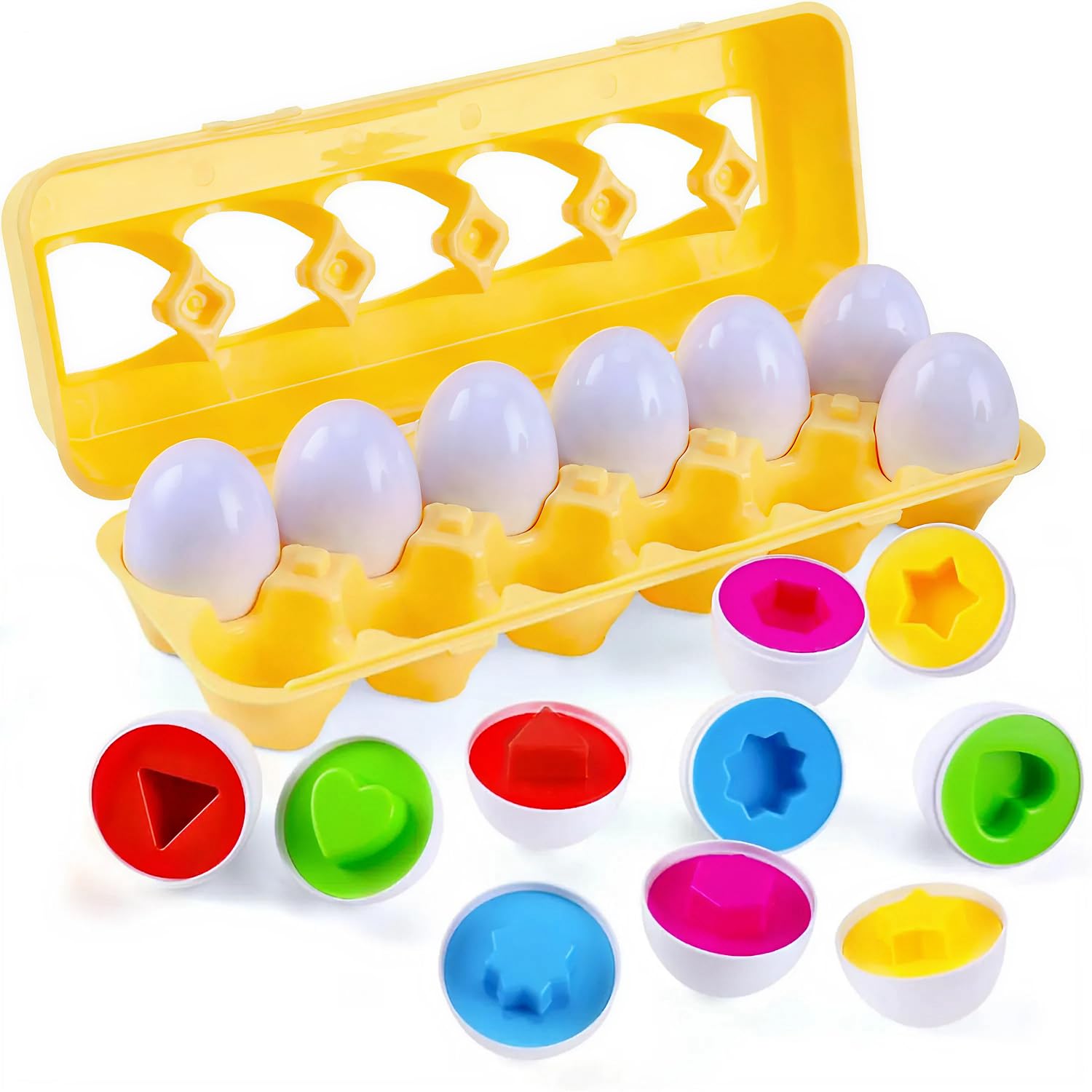 MAGIFIRE Toy Eggs for Toddlers 1-3 - 12 Matching Plastic Eggs, Assorted Colors and Shapes - Fun Easter Gift for Toddlers - Montessori Matching and Sorting Set - STEM Educational Toy