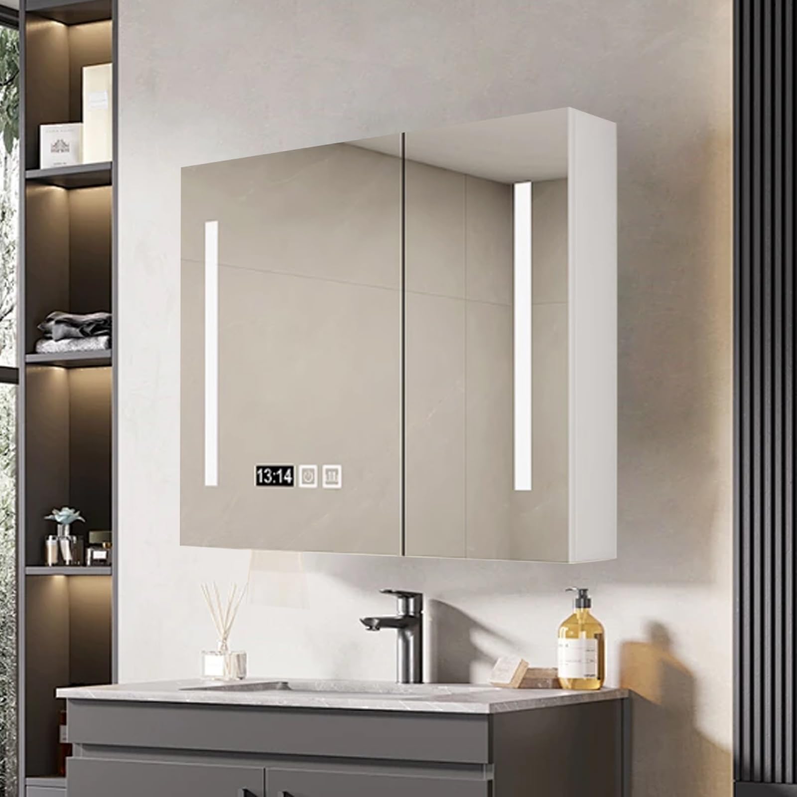 Gabinete De Espejo De Tocador De Baño Montado En La Pared de madera,Armario con Espejo Antivaho de Maquillaje,armario baño pared con espejo y Luces de tres colores,tiempo temperatura,agujero de papel(