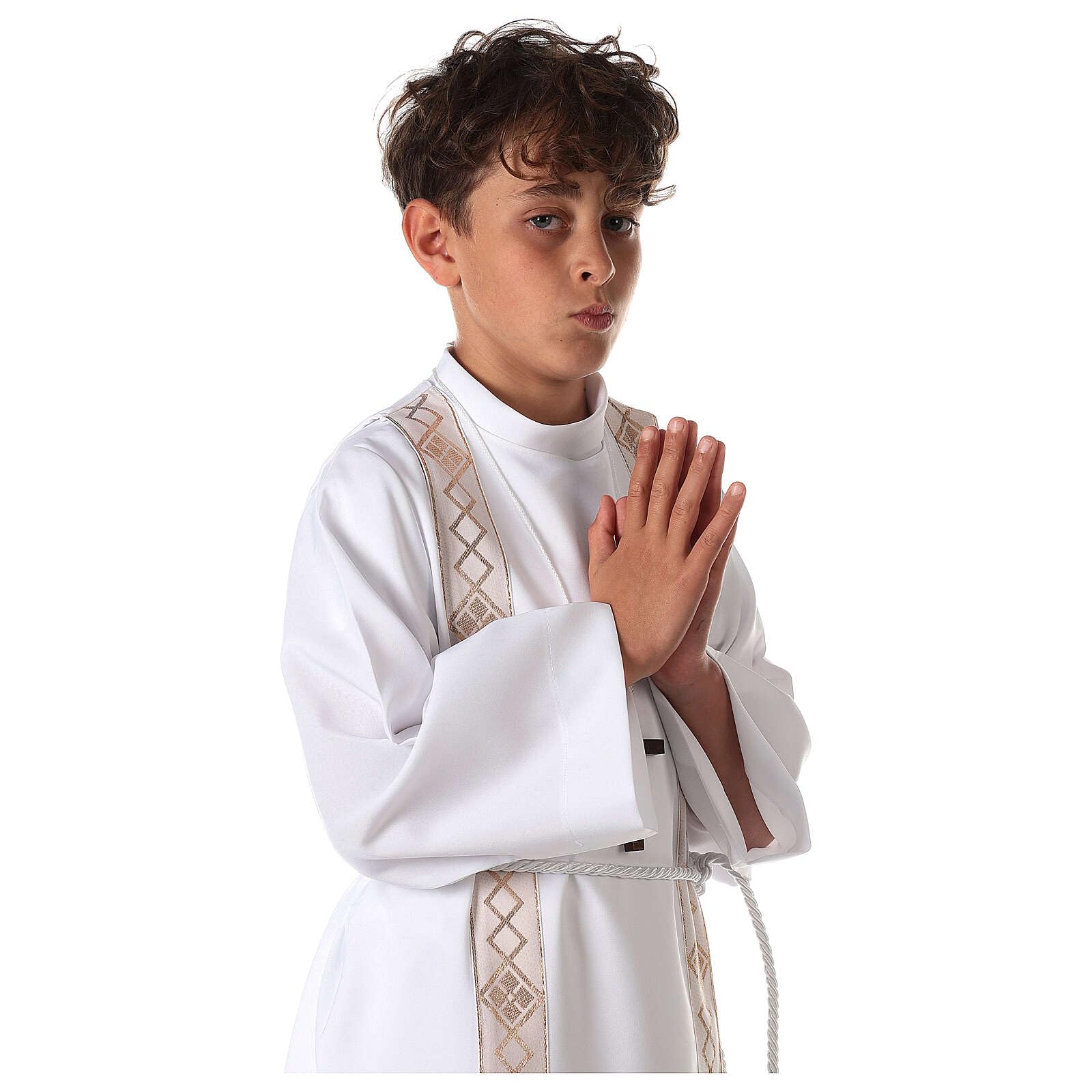 Holyart Stroje do Pierwszej Komunii: Alba komunijna unisex szkaplerz złote brzegi, 130 cm (51 inc.)