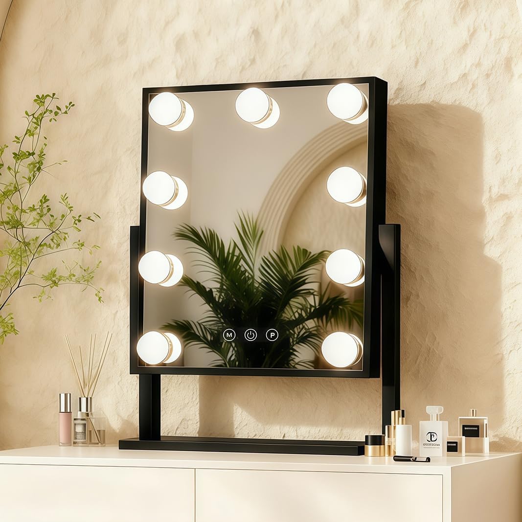 Lighted Vanity Mirror with 9 LED Lights, Detachable 10x Magnifying Mirror, 3-Color dimmable Hollywood Makeup Mirror, Smart Touch Control, Metal Frame, 360-degree Rotation, White/Black (Black)