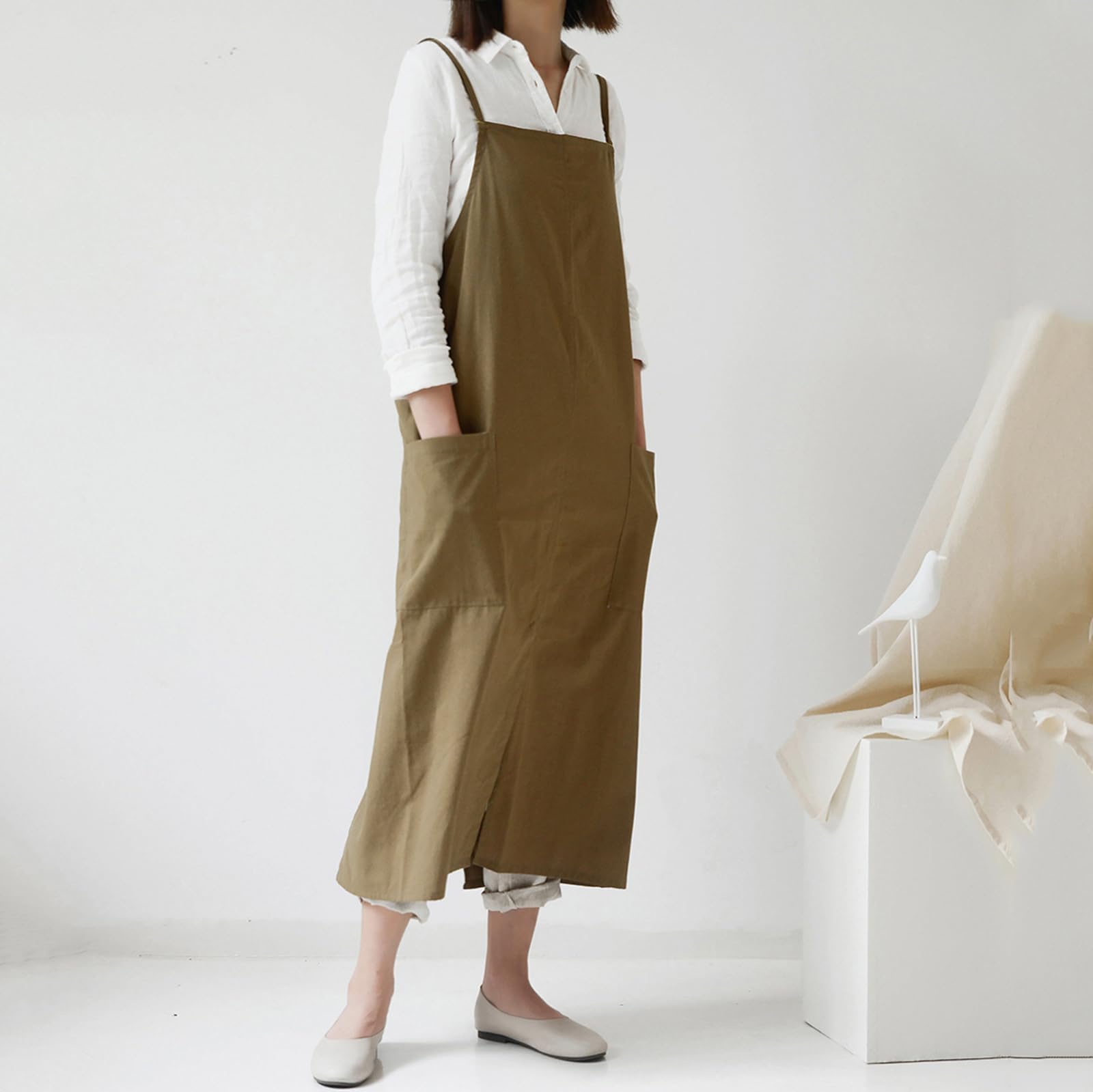 Impermeable Delantal De Algodón Pierna Dividida con Bolsillos Japón Estilo Delantales Cocina Pintura Horneando Trajes De Trabajo para Mujeres Cocinar Y Jardineria Green,One Size