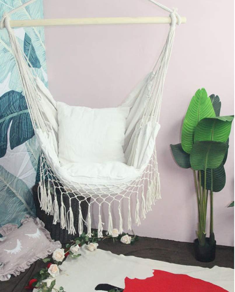Macrame Ceiling Chair-Bohemian Hanging Swing Hammock Lounge Chair Free Standing with Wooden Bar for Inside Outside Bedroom Backyard Porch Tree