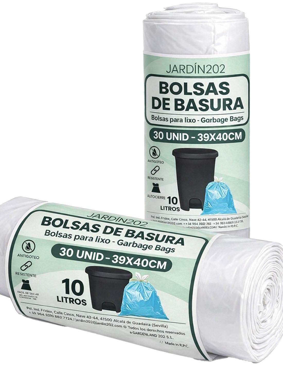 JARDIN202 - Bolsas de Basura 10 Litros Autocierre 39x40cm Antigoteo Perfumadas Resistentes Rollo 30 Unidades para Cubo Pequeño | Pack 60 uds