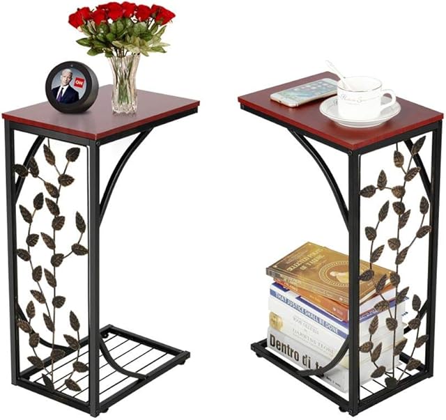 Yaheetech 2pcs C Shaped Small Side Table, Metal Coffee Tea Table, Narrow End Table, Snack Side Table with Storage Shelf for Living Room/Office Room/Bedroom, Leaf Pattern, 21x30.6x 53cm(WxDxH)