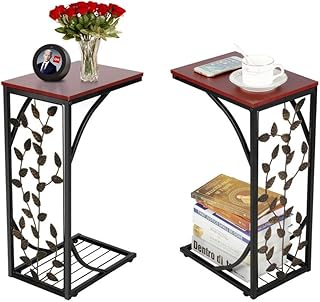Yaheetech 2pcs C Shaped Small Side Table, Metal Coffee Tea Table, Narrow End Table, Snack Side Table with Storage Shelf for Living Room/Office Room/Bedroom, Leaf Pattern, 21x30.6x53cm(WxDxH)