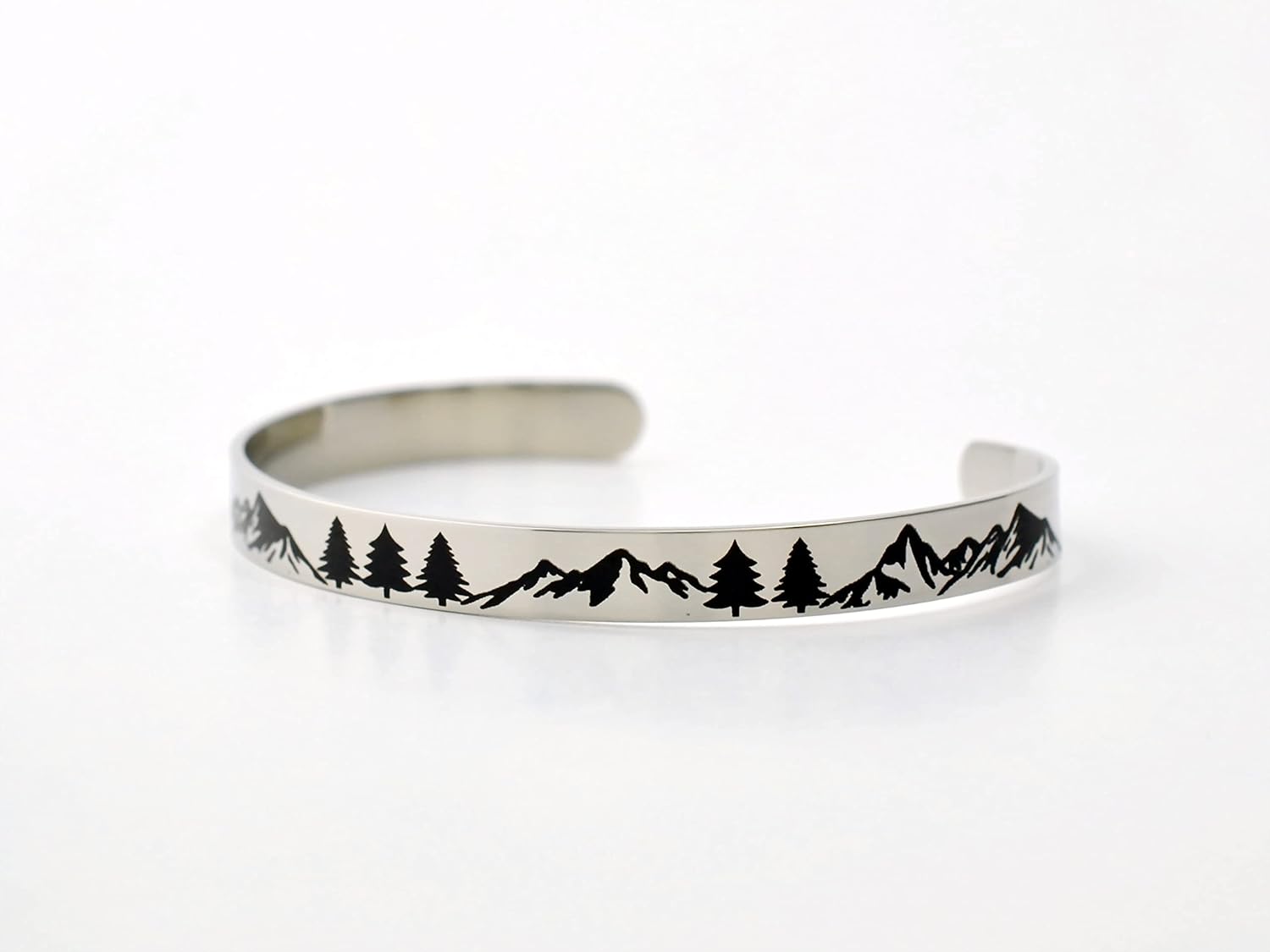 Forest Mountain - Stainless Steel Cuff Bracelet, Pine Trees, Outdoor Travel, Hiking, Skiing, Wanderlust, Travelers Gift, Custom Personalized for Couples Sisters Friends, Anniversary Birthday Christmas