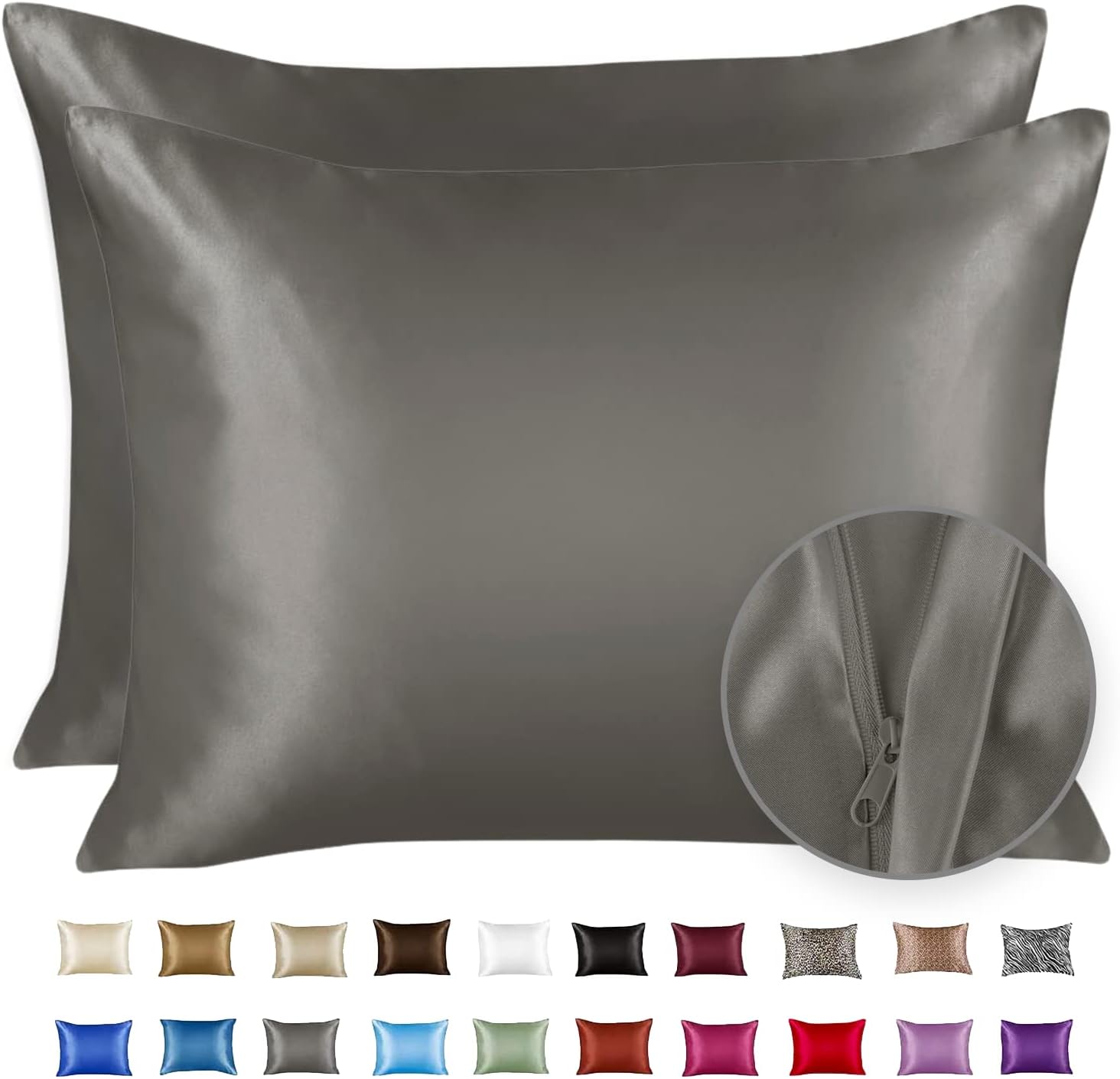 Juego De 2 Fundas De Almohada De Satén De Viscosa Con Cierre Gris Nombre Del Diseño | Meses Sin Interés
