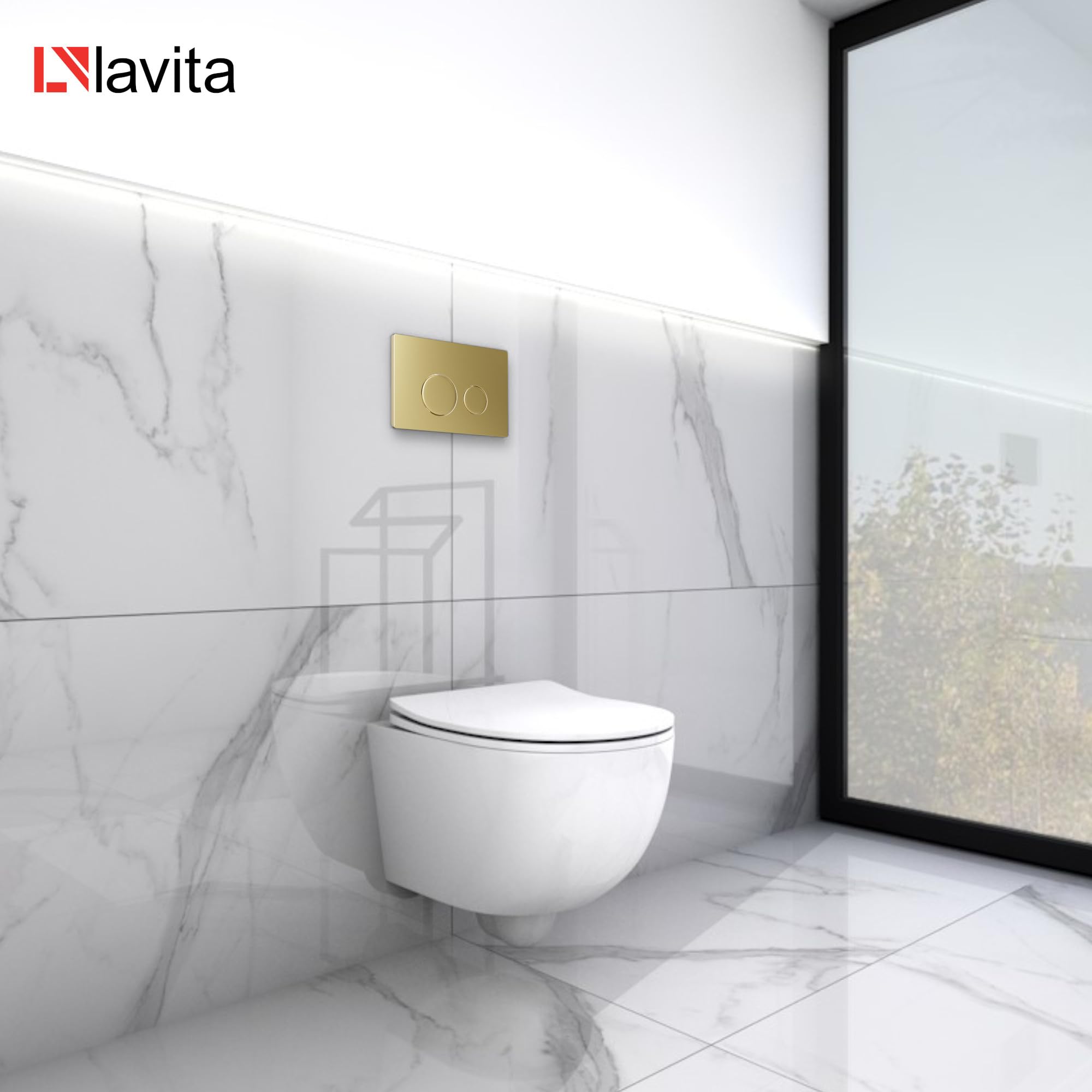 lavita LAV 101 Elemento de Pared para Inodoro 40 cm + Inodoro suspendido suspendido Brava Blanco sin Borde + Panel de Control LAV 200.4.5 Dorado | Conjunto Completo | Cisterna empotrada | Jueg