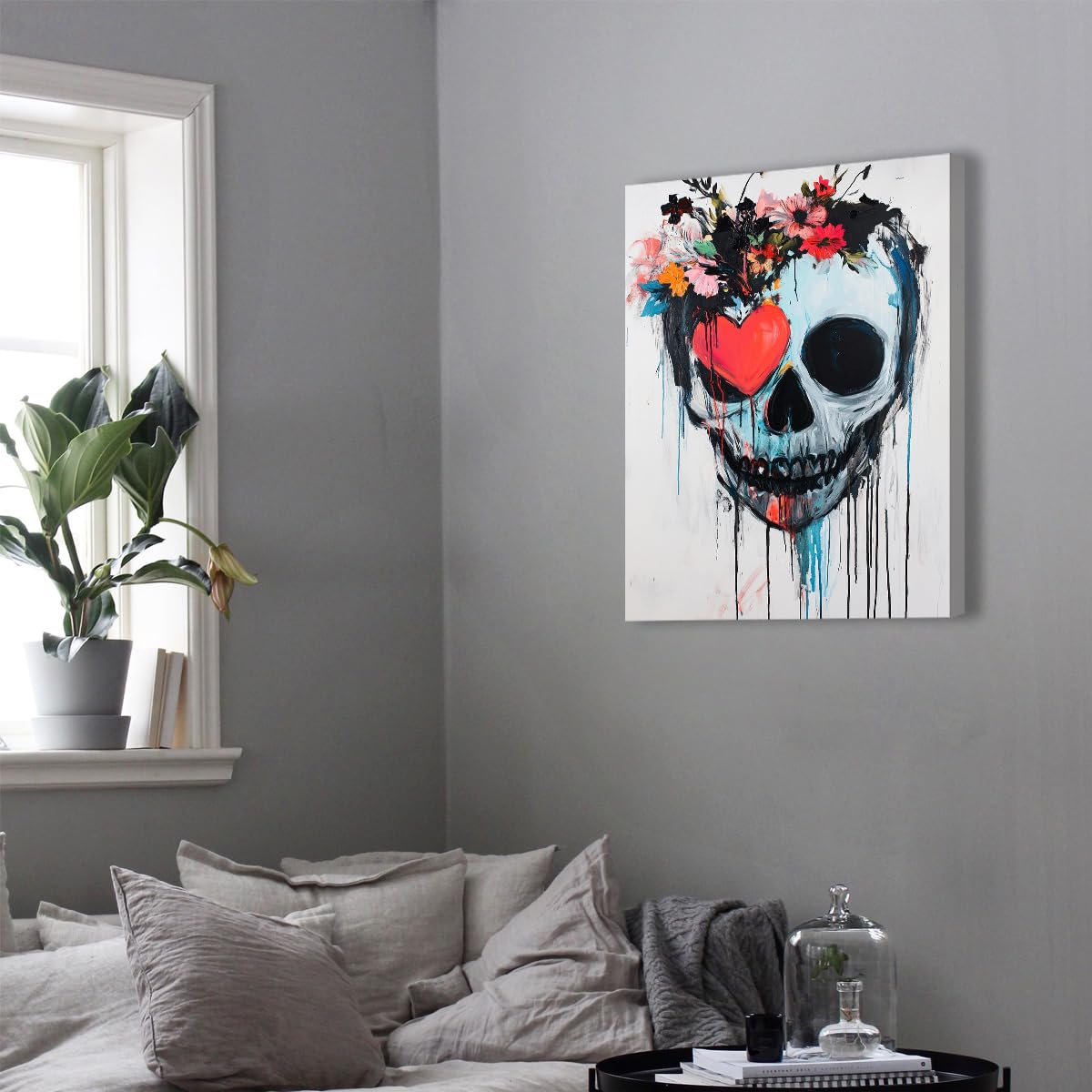 TOANGWALL Abstrakcyjna farba rozpryski czaszki serce głowa serca sztuka ścienna unikalny mroczny romans plakat graffiti dekoracja ścienna do przedpokoju 90 x 110 cm