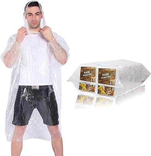 Miniatura 8 de COOY Ponchos de lluvia, con capucha con cordón (paquete de 10) ponchos de lluvia desechables de emergencia para adultos, transparente