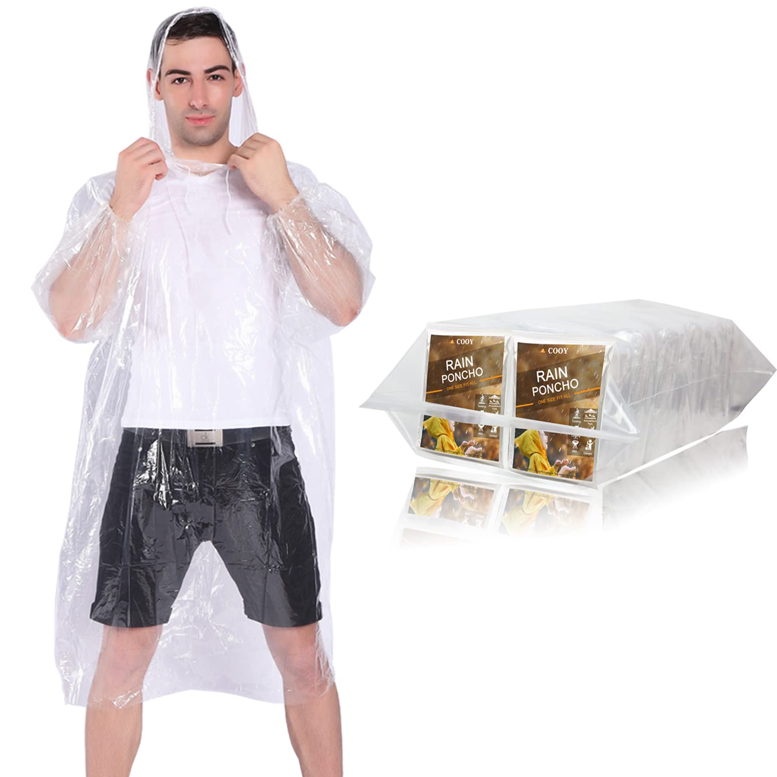 COOY Rain Ponchos,with Drawstring Hood （10 Pack） Emergency Disposable Rain Ponchos Family Pack for Adults,Clear