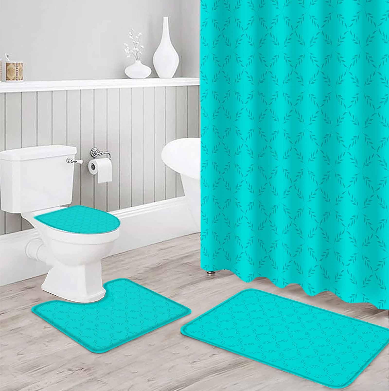 Turquoise Plaid Bathroom Set with Shower Curtain and Rug Accessories - 36x72 Inches Long Geometric Leaf Diamond Morocco Abstract Stall Curtain Waterproof with Small Bath Mat,Washable Runner Rug Set