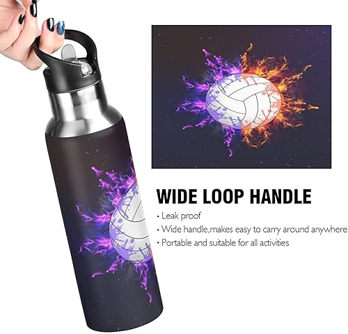 Miniatura 4 de TropicalLife Botella de agua deportiva de voleibol con aislamiento y pajilla, botella de acero inoxidable al vacío, termo a prueba de fugas para