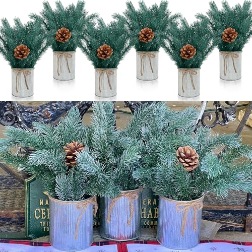 DIYDOFUN Christmas Decorations Xmas Table Centerpieces - Set of 6 Artificial Cedar Pine Branches with Pinecone with Rustic Metal Vase for Holiday Winter New Year Home Decor