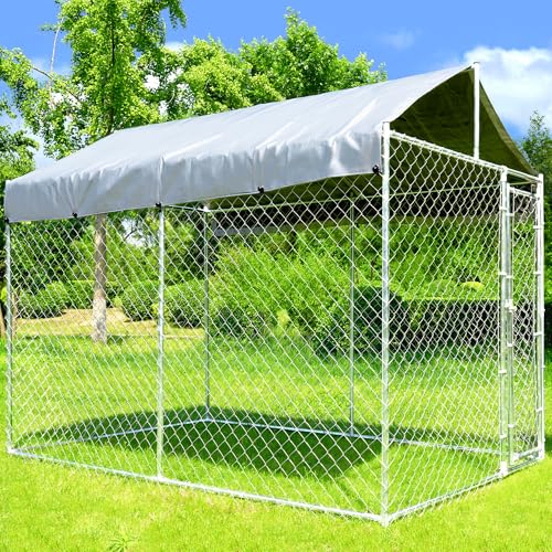 Kicari Large Dog Kennel Outdoor with Roof, Heavy-Duty Dog Kennel with Latch-Lock Door, Chain-Link Dog Enclosure Dog Run for Yard with Cover, 10'L x 6'W x 7.65'H