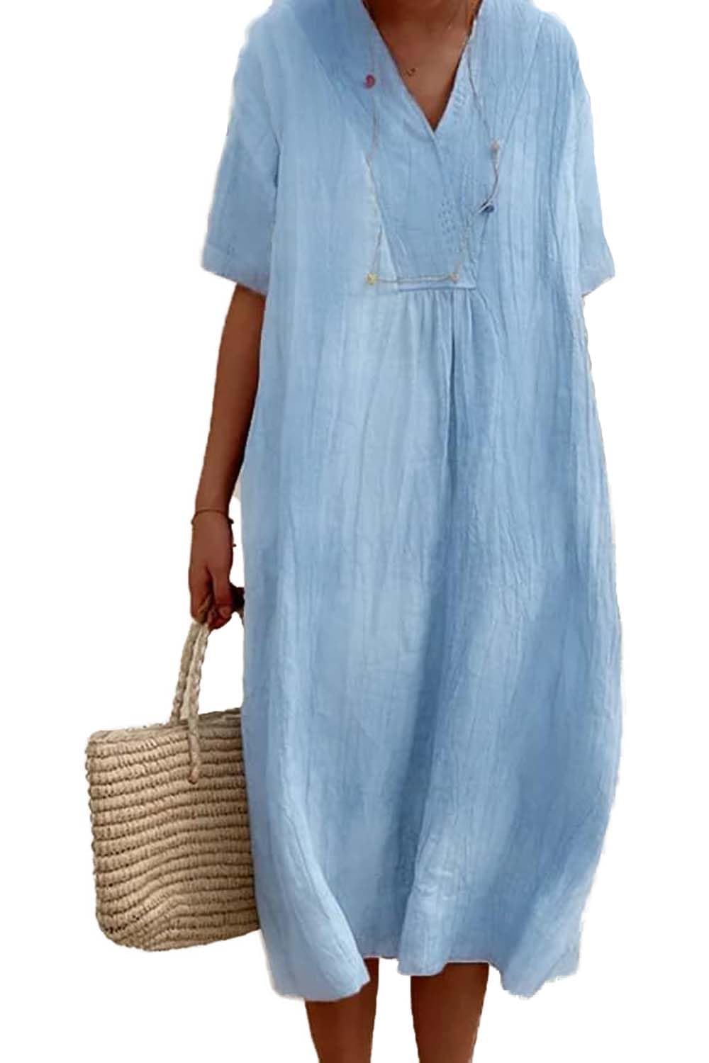 DEPENSL Womens Cotton Linen Midi Dress Summer Beach Casual Dresses V Neck Shift Dress Loose Fit Trapeze Dress