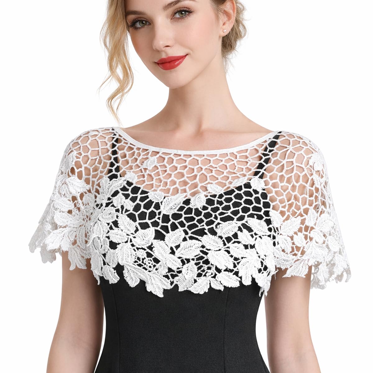 Lace Hollow-Out Shawl for Women Off-shoulder False Collar Capelet, White Crochet Pullover Small Shawl, Elegant Retro Decorative Collar for Dresses, Camisoles, Party, Evenings