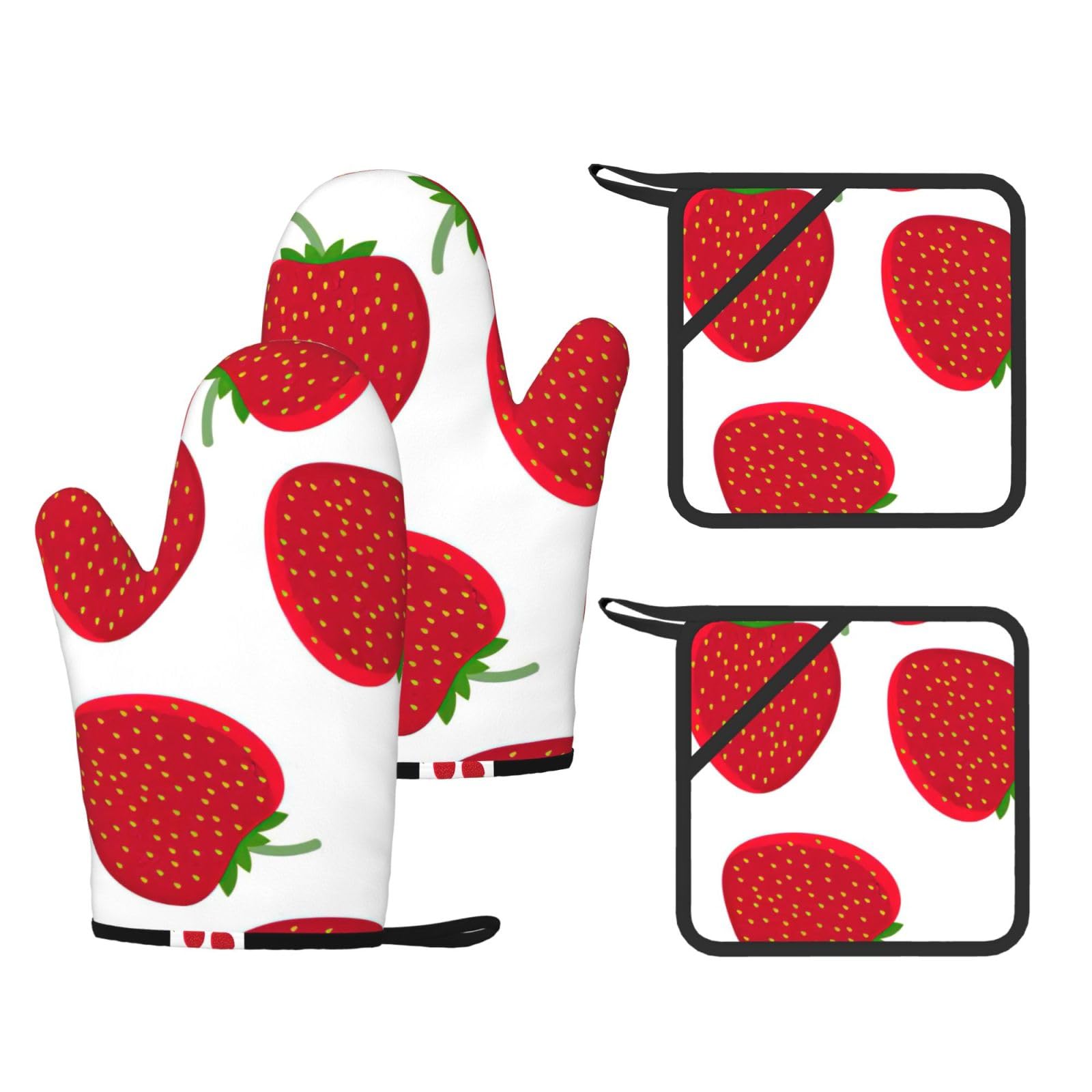 Strawberry Print Oven Mitts And Pot Holders Pads Set, Oven Glove High Heat Resistant 500 Degree For Kitchen