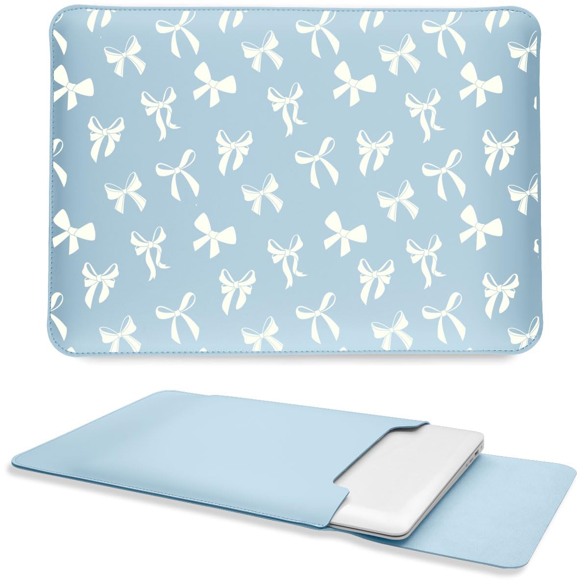 Cute Kawaii White Bow Laptop Sleeves 12 Inch, Blue Faux Leather Cover Case for Women Girls, Compatible with MacBook Air 11"/MacBook 12"