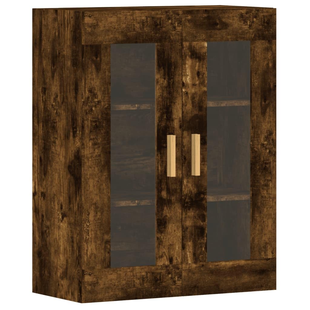 Armadietti a Parete 2 pz Rovere Fumo Legno Multistrato e Vetro | Set da 2 pensili con anta in vetro trasparente per organizzare stoviglie e oggetti in soggiorno o cucina.