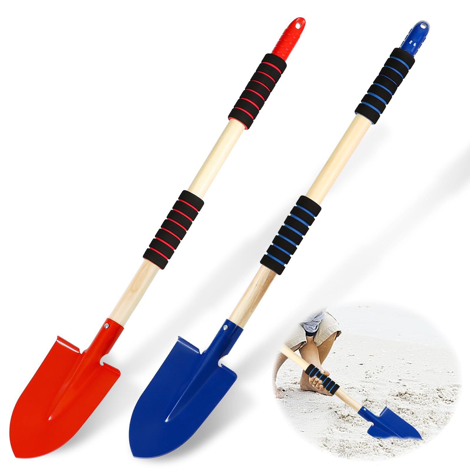 2 Pack Beach Shovels for Kids, 28" Kids Shovel for Digging, Metal Sand Shovels Small Garden Spade with Wood Handle and Foam Grip, Children Hand Shovel Beach Play Tools for Kids Digging Sand Gardening