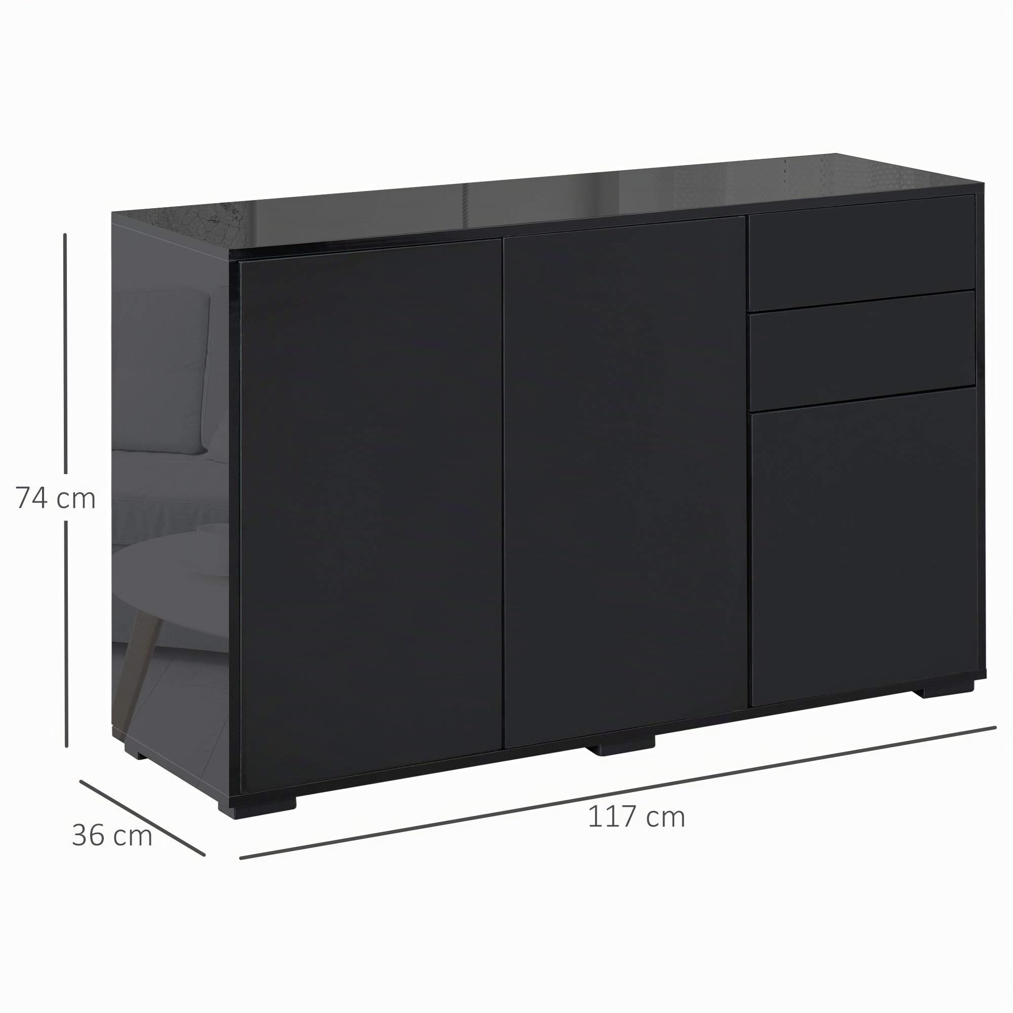 HOMCOM Aparador para Salón Aparador de Entrada con 3 Puertas 2 Cajones y Estante Ajustable Armario de Almacenamiento para Cocina Sala 117x36x74 cm Negro