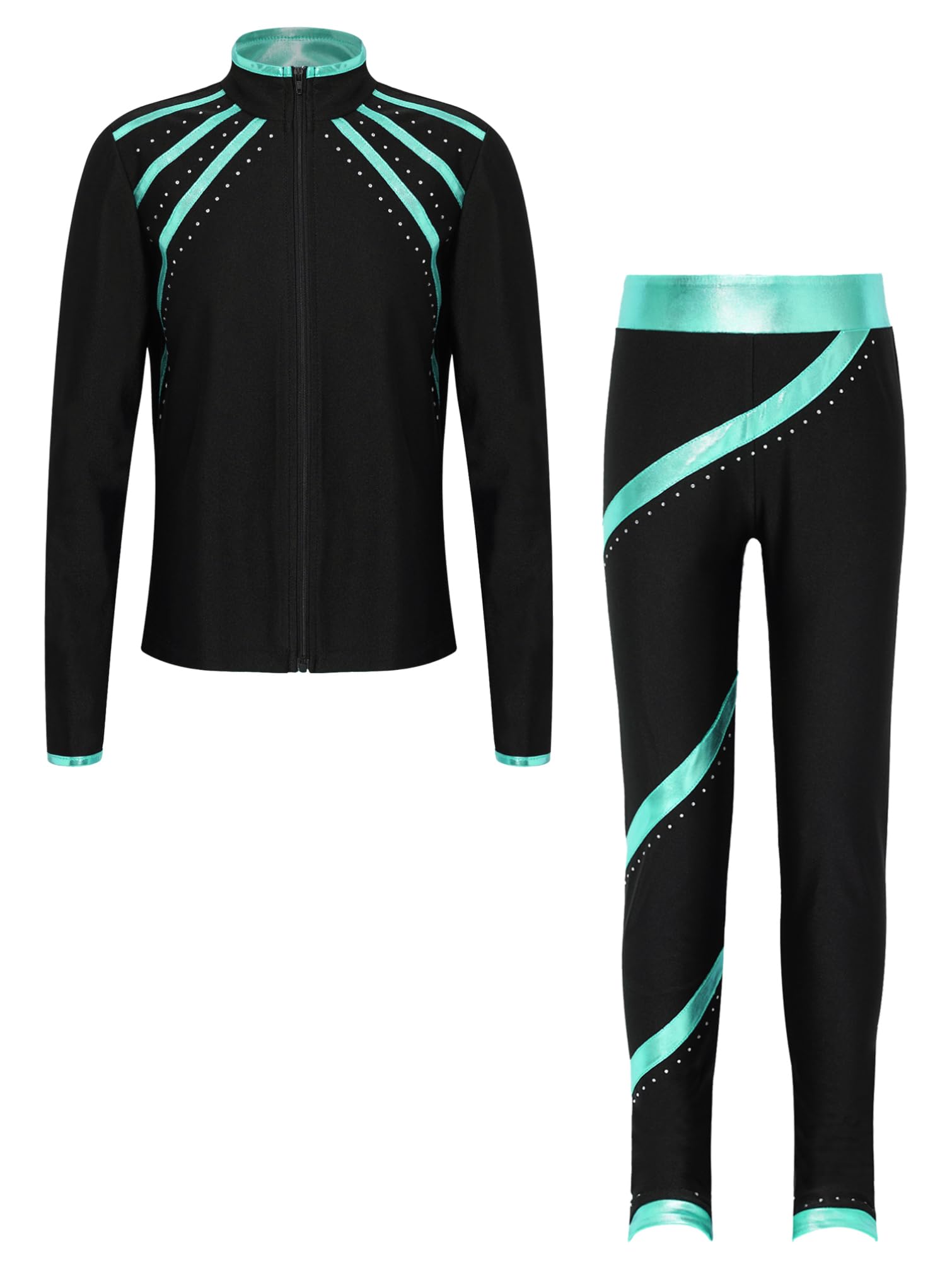 TiaoBug Enfant Fille Ensemble de Patinage Artistique Veste de Gymnastique Manches Longues et Pantalon de Sport Danse Yoga Survêtement Sportwear 5-16 Ans