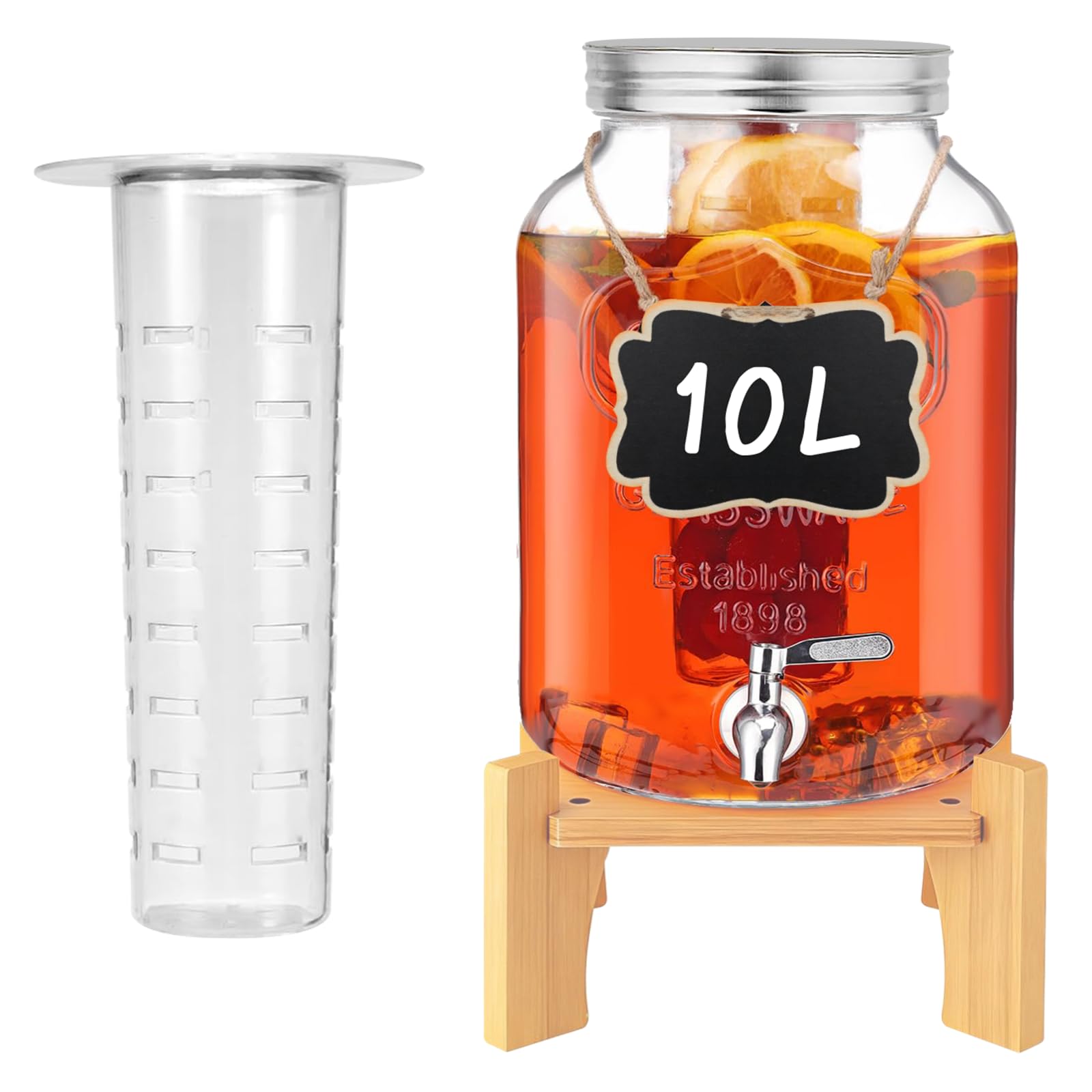 10L Getränkespender mit Zapfhahn, Ständer und Deckel, Limonadenspender aus Hitzebeständigen Borasilikatglas, Wasserspender Glas mit Wasserhahn aus Edelstahl für Garten, Buffet, Party, Hochzeiten