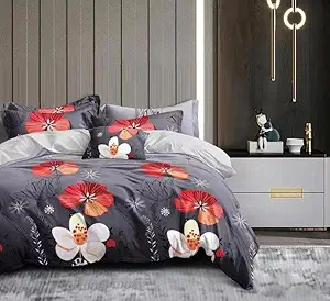 Pitambra Lifestyle Primrose Cotton Comfort Feel Floral Printed Flat BedSheet|Designer Flat Bedsheet|Luxury Look Queen Size Flat BedSheet with 2 Pillow Cover (90X100 Inch)-Dark Grey-1