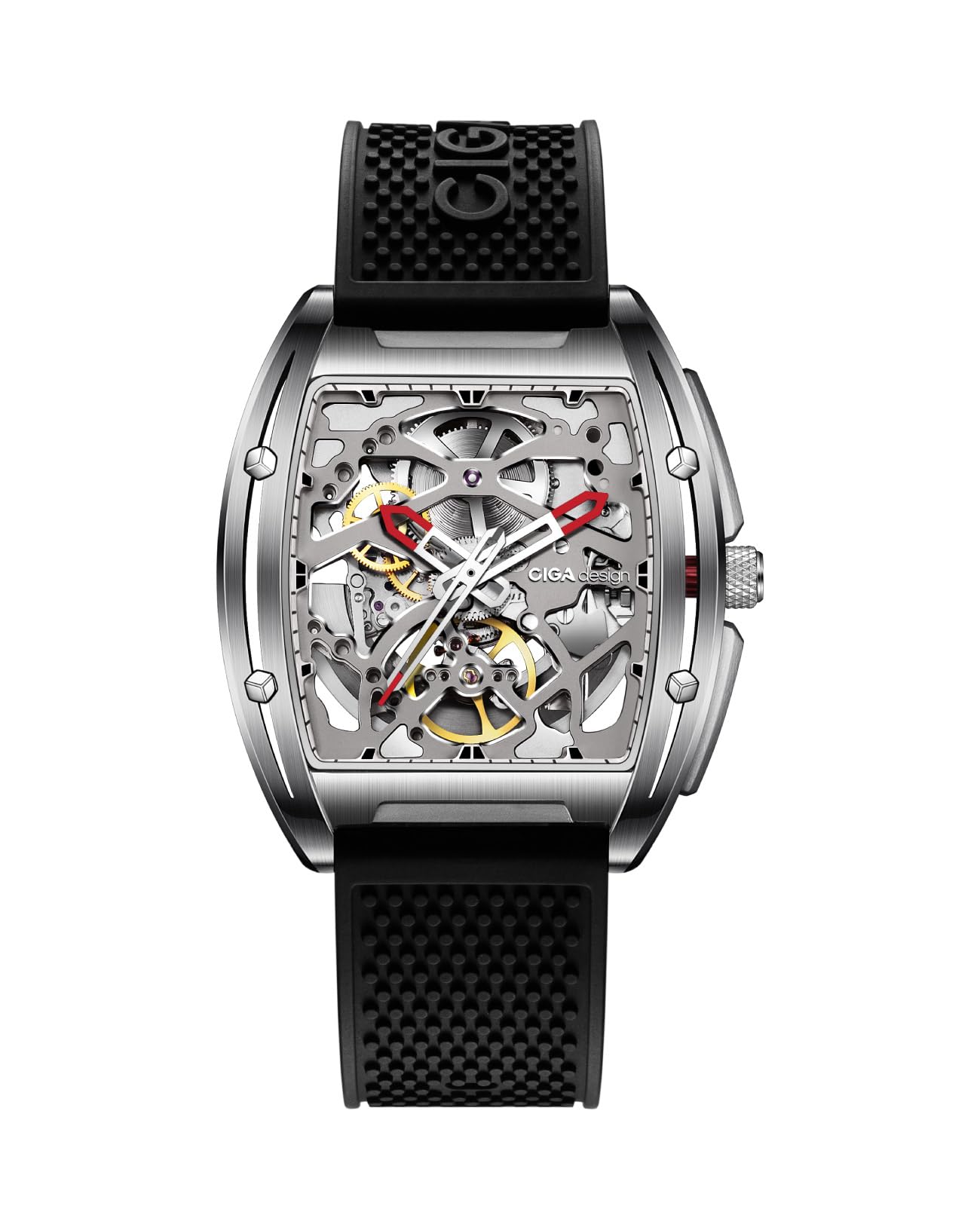 CIGADesign Watch Automatic Mechanical Wristwatch Tonneau Synthetic Sapphire Crystal Stainless Steel Case Silicone Strap Unisex Timepiece Black