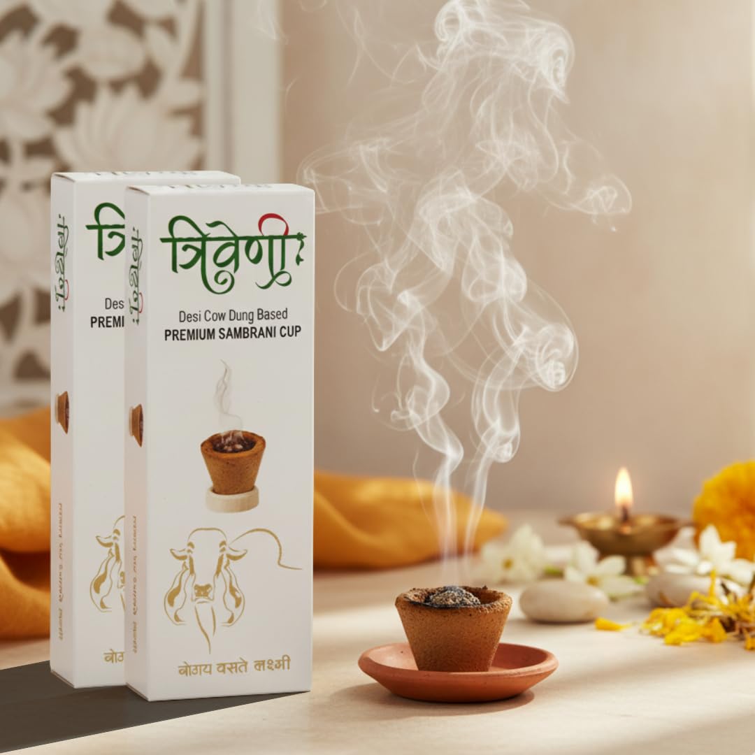 Triveni Organics Sambrani Dhoop Cups from Gir Cow Dung (Pack of 4-42 Cups) | Guggal Loban Dhup Cups for Pooja, Havan, Meditation & Home Purification | Sandalwood Hawan Cups for Mandir Use
