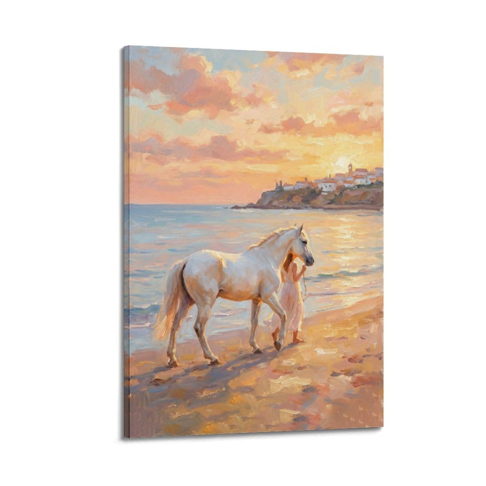 XKUGA Andalusian White Horse Travel Poster Beach Sunset Coastal Vintage Modern Decorative Canvas Prints - Ideal Wall Art for Family, Man Cave, Game Room, Boys & Girls Bedroom 20x30inch(50x75cm)