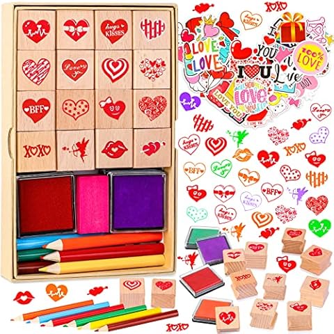 Zayvor Valentine Stamps Set, Valentine Stickers Bulk,Colored Pencil,Wooden Rubber Stamp with Ink Pad,Holiday Square Craft Stamp,Stamping Scrapbooking Crafting Booking Card Making,Valentine Gifts Cover