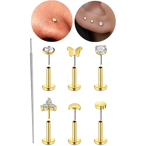 Silver Gold Threadless Nose Stud 20g Flat Back Nose Stud 18g Cartilage Earring Flat Back Flatback Nose Stud 20 Gauge Threadless Nose Rings Push in Helix Conch Earring Studs for Women 6mm 8mm