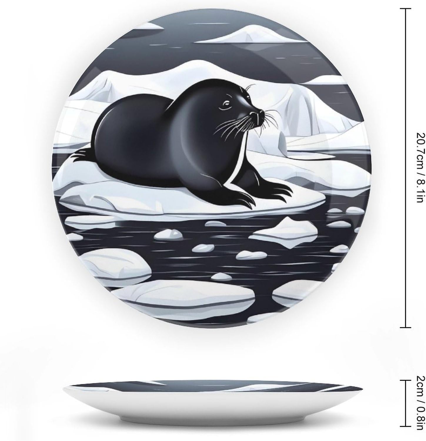 Seals on Ice Bone China Decorative Plate with Display Stand, Ceramic Ornaments Plate for Wall Hanging, Personalized Porcelain Plates for Office, Living Room 8inch