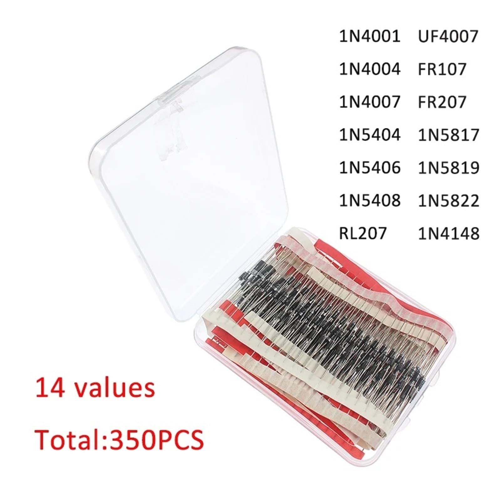 Kit diodi Schottky da 350 pezzi Diodi raddrizzatori a 14 valori 1N4148 1N4001 1N4004 1N4007 1N5404 1N5406 1N5408 RL207 UF4007 FR107 FR207