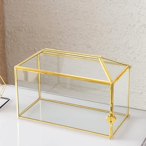 Miniatura 5 de Giadun Caja de Tarjetas de Boda de Cristal con Ranura, Caja de Tarjetas Transparente Grande de 12.6 Pulgadas de Latón Dorado con Cerradura para