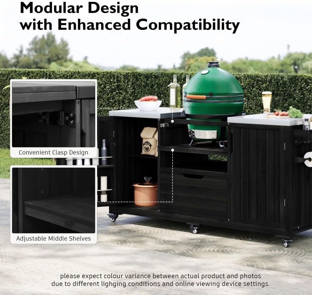 66.5" Outdoor Kitchen Island for Big Green Egg Grills, Solid Wood Outdoor Grill Cart with Wheel, Stainless Steel Top, Drawer, Compatible with Large Big Green Egg, Kamado Joe (Black)